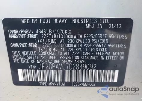 2013 Subaru Xv Crosstrek 2.0I Premium from USA, damaged, VIN JF2GPAVC7D2839092